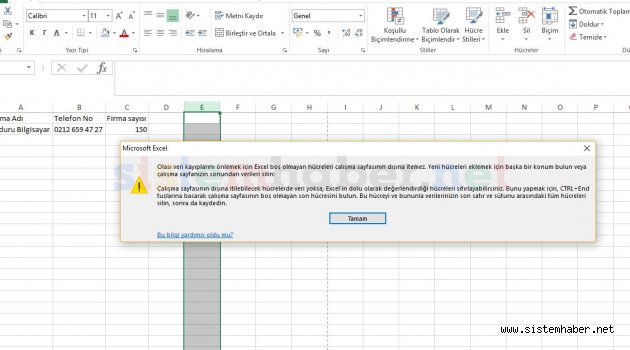 Olası veri kayıplarını önlemek için Excel boş olmayan hücreleri çalışma sayfasının dışına itemez